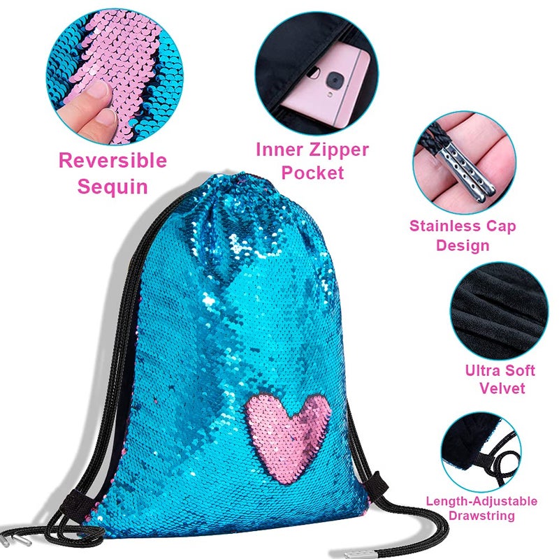 GA&EN Mermaid Reversible Sequin Drawstring Backpack, Blue/Pink Dance Bag for Girls Kids with Headband Keychain Bracelet for Christmas Gift Princess Dress Up Clothes Costume Party Birthday - Image 4